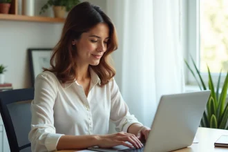 Jeune femme concentrée travaillant sur son ordinateur dans un bureau moderne