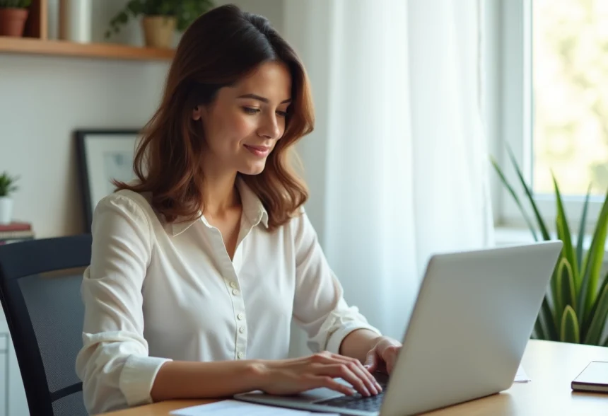 Jeune femme concentr&eacute;e travaillant sur son ordinateur dans un bureau moderne