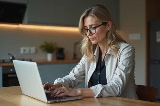 Femme d'âge moyen utilisant un ordinateur à la maison