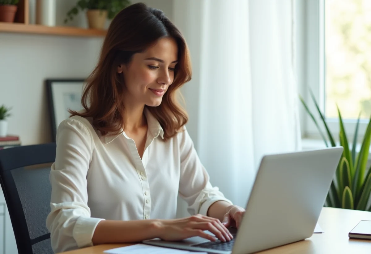 Jeune femme concentrée travaillant sur son ordinateur dans un bureau moderne