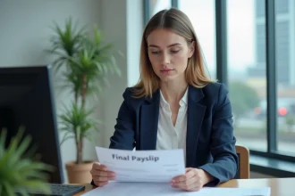 Femme en blazer navy examine un bulletin de salaire