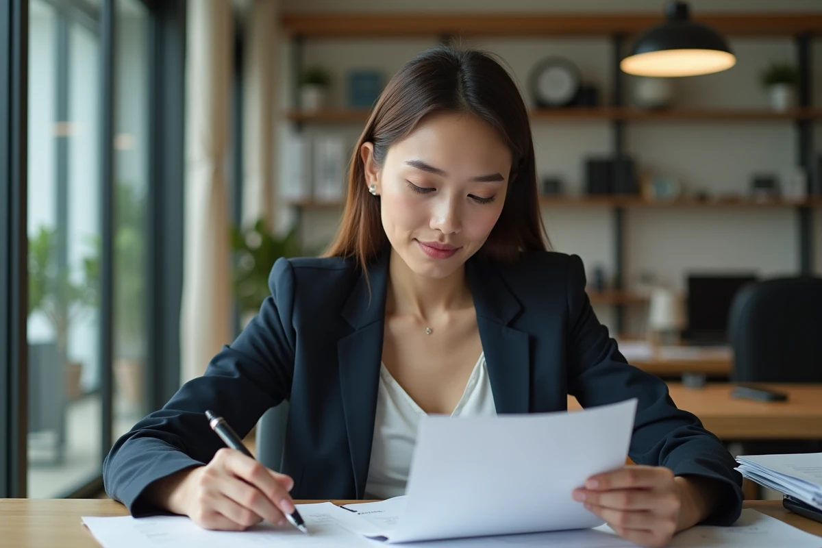 Jeune femme en tenue professionnelle au bureau avec documents
