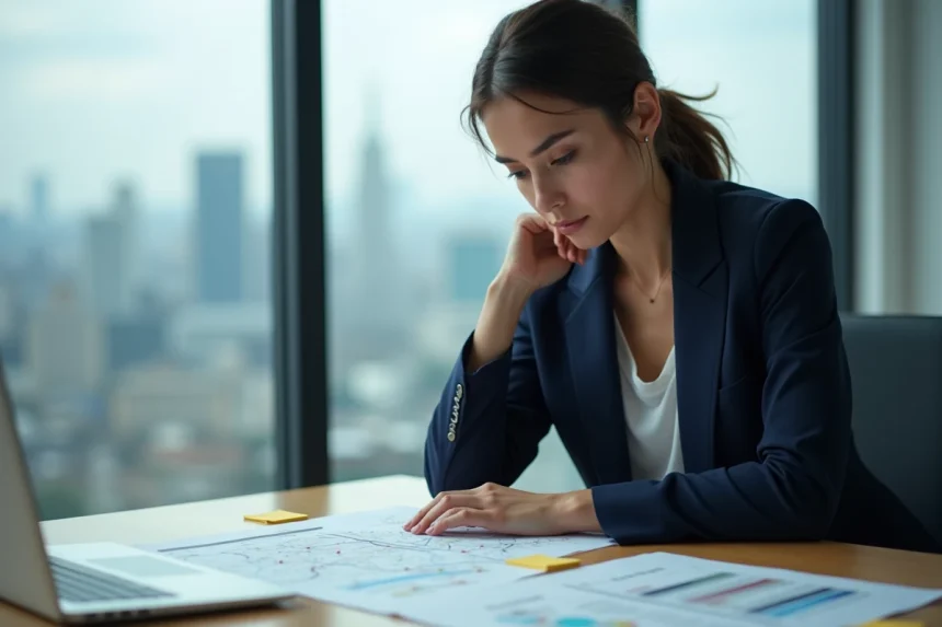 Femme cadre analysant des stratégies de domaines concurrentiels sur des documents imprimés dans un bureau moderne avec vue sur la ville