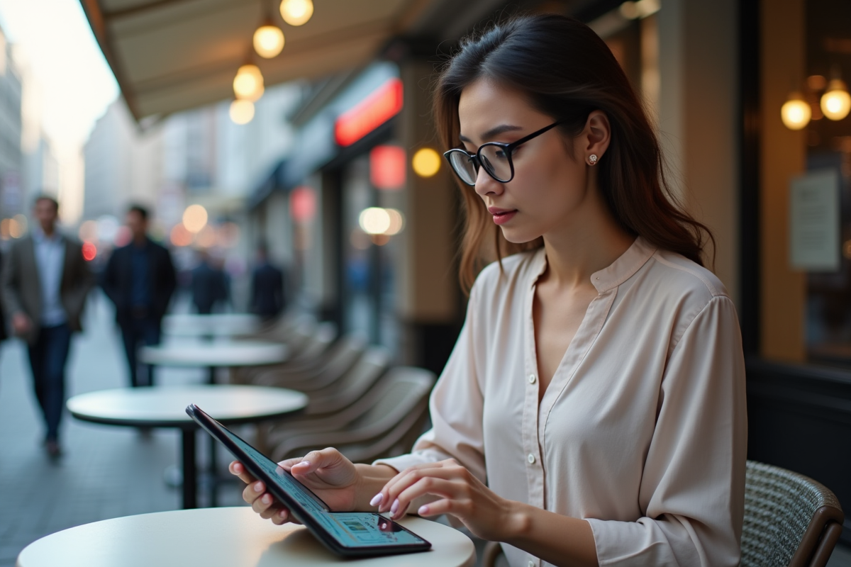 Femme analysant un diagramme backlink sur une tablette en extérieur