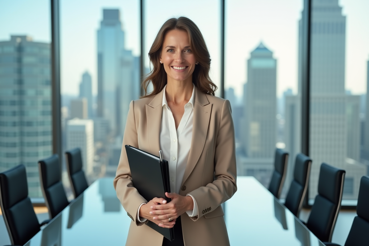 Femme comptable debout devant une fenêtre urbaine