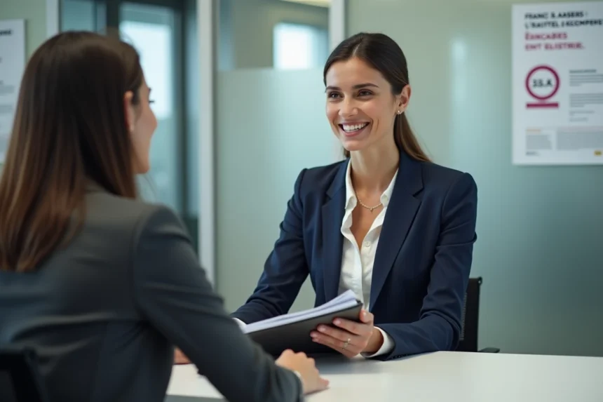 Femme en blazer navy en entretien dans un bureau France Travail
