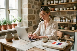 Femme consultant une liste de marques françaises made in France sur son ordinateur portable dans un appartement parisien avec des produits artisanaux
