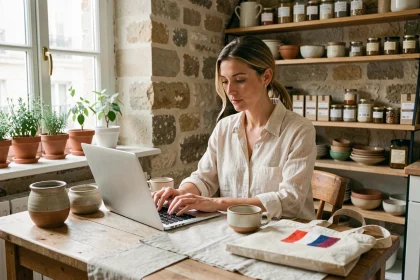 Femme consultant une liste de marques françaises made in France sur son ordinateur portable dans un appartement parisien avec des produits artisanaux