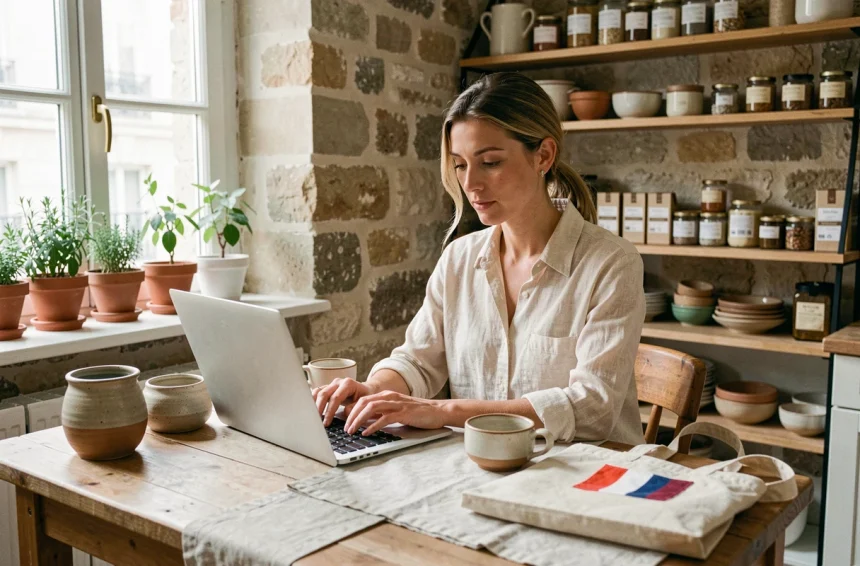 Femme consultant une liste de marques françaises made in France sur son ordinateur portable dans un appartement parisien avec des produits artisanaux