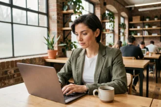 Femme travaillant au calme dans un espace de coworking à Limoges avec ordinateur portable et café