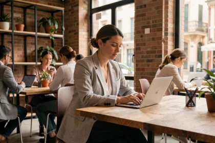 Femme professionnelle travaillant dans un espace de coworking à Perpignan avec ordinateur portable sur bureau en bois partagé