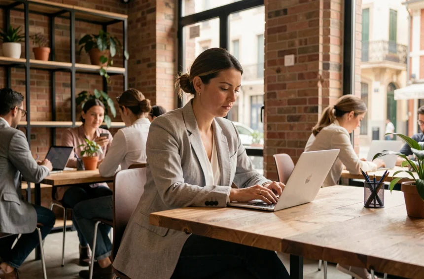 Femme professionnelle travaillant dans un espace de coworking à Perpignan avec ordinateur portable sur bureau en bois partagé