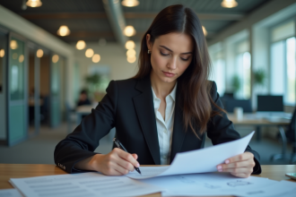 Femme d'affaires en costume vérifiant des documents de conformité
