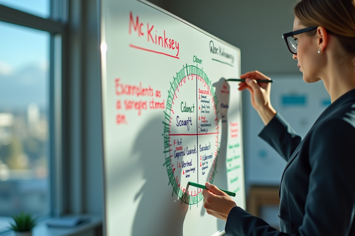 Femme dessinant une matrice McKinsey avec des marqueurs colorés