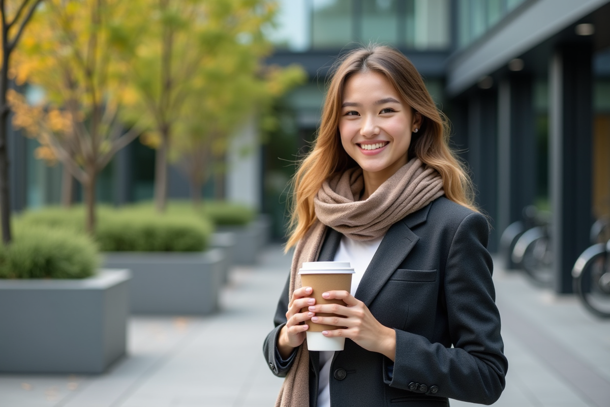 Jeune femme souriante avec café et résumé RSE devant le bâtiment