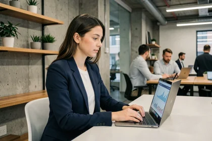 Jeune femme entrepreneur consultant un blog de développement startup sur son ordinateur dans un espace de coworking moderne en 2026