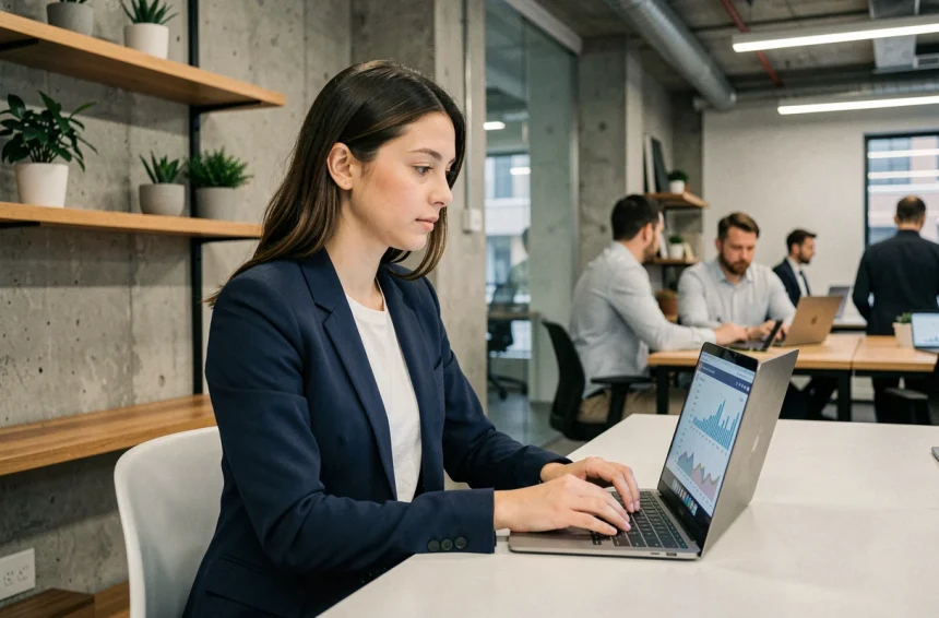 Jeune femme entrepreneur consultant un blog de développement startup sur son ordinateur dans un espace de coworking moderne en 2026