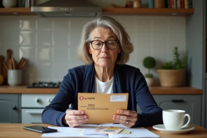 Femme d'âge moyen examinant une enveloppe La Poste mentionnant Infinite Remit Services dans une cuisine française