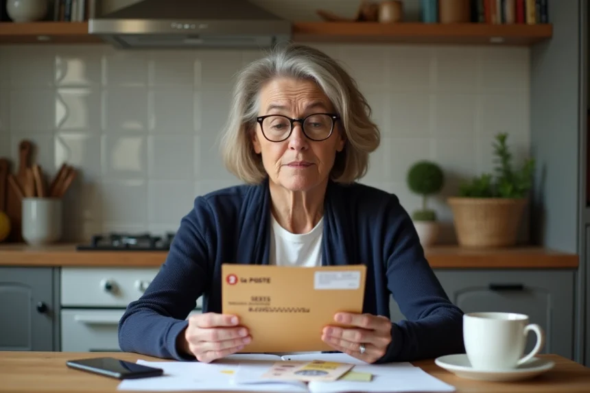 Femme d'âge moyen examinant une enveloppe La Poste mentionnant Infinite Remit Services dans une cuisine française
