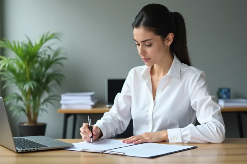Femme remplissant un formulaire d'immatriculation URSSAF pour une association ou entreprise dans un bureau administratif moderne