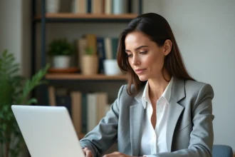 Femme professionnelle gérant son espace compte CIVC sur un ordinateur portable dans un bureau à domicile organisé