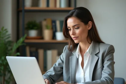 Femme professionnelle gérant son espace compte CIVC sur un ordinateur portable dans un bureau à domicile organisé
