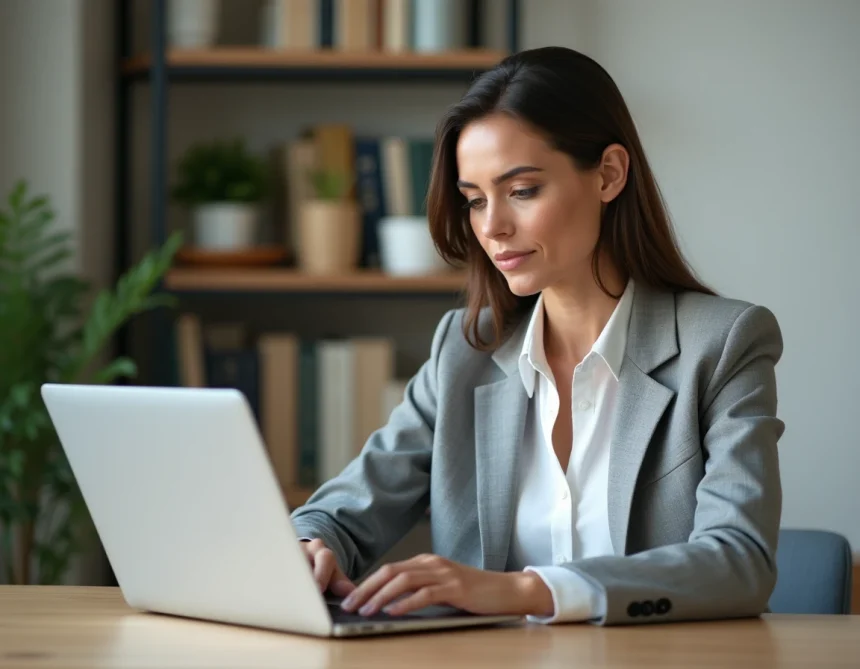 Femme professionnelle gérant son espace compte CIVC sur un ordinateur portable dans un bureau à domicile organisé