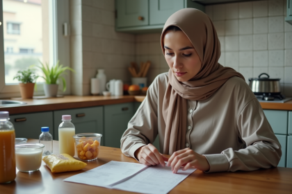 Jeune femme en hijab examine un reçu dans la cuisine