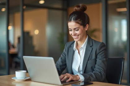 Femme concentr&eacute;e sur son ordinateur dans un bureau moderne