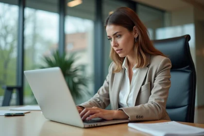 Femme d affaires naviguant sur un portail digital moderne