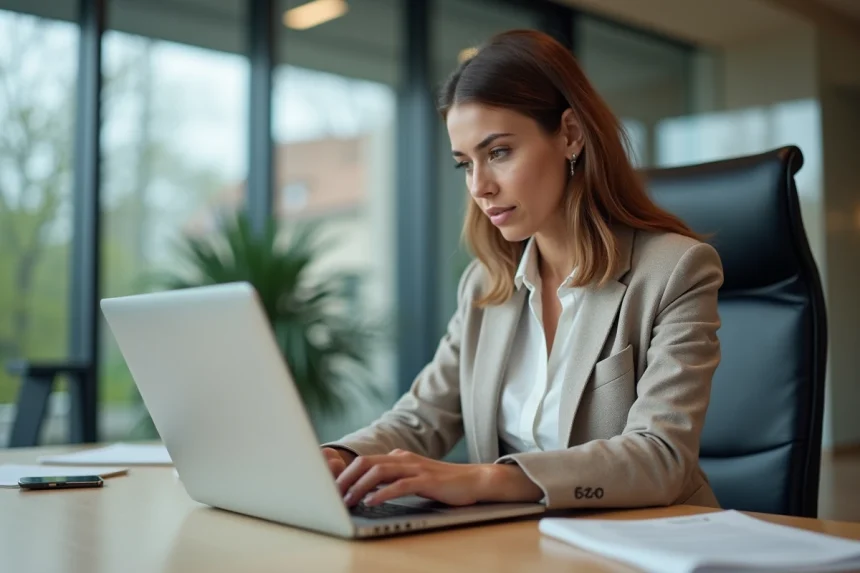 Femme d affaires naviguant sur un portail digital moderne