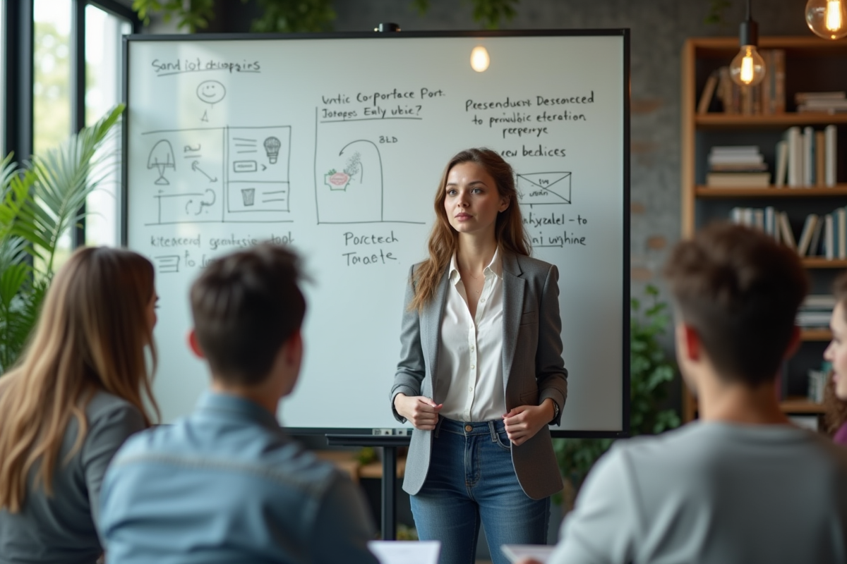 Jeune femme expliquant des diagrammes sur un tableau blanc