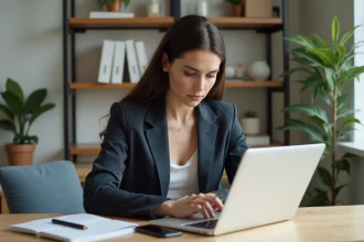 Jeune femme professionnelle au bureau moderne avec ordinateur