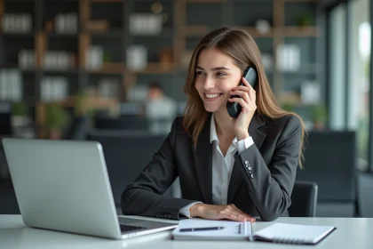 Femme en costume professionnel lors d'une consultation t&eacute;l&eacute;phonique