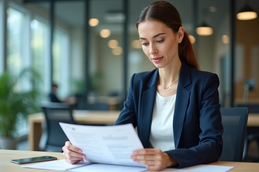 Femme professionnelle révisant un CV commercial dans un bureau moderne, illustrant l'adaptation du discours selon le secteur