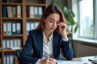 Femme professionnelle en blazer marine révisant des documents officiels pour constituer un dossier d'organisation d'utilité publique