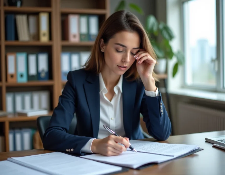 Femme professionnelle en blazer marine révisant des documents officiels pour constituer un dossier d'organisation d'utilité publique