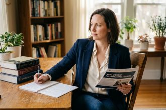 Femme en blazer et jeans à son bureau à la maison