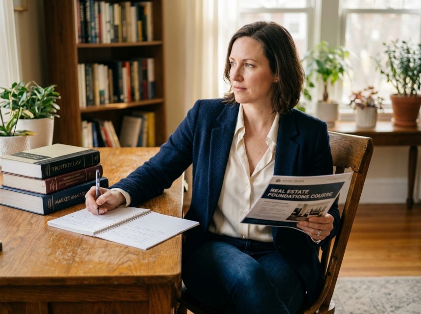 Femme en blazer et jeans à son bureau à la maison