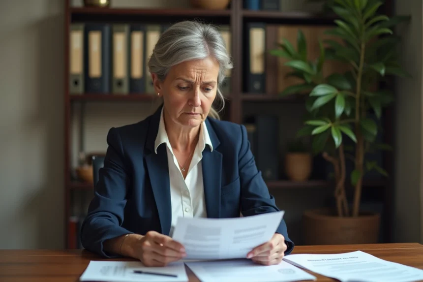 Femme consultant un courrier administratif officiel à son bureau avec des documents de recours posés devant elle