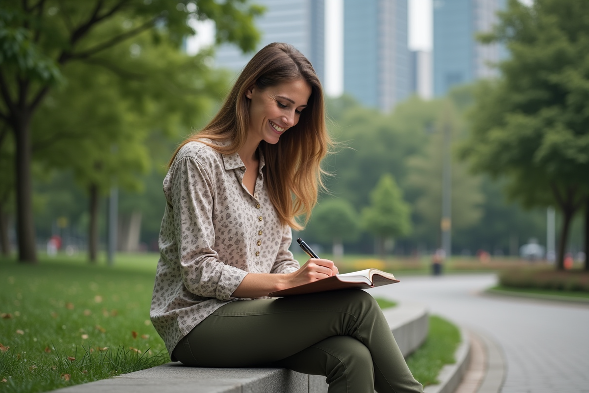 Femme souriante écrivant dans un parc urbain calme