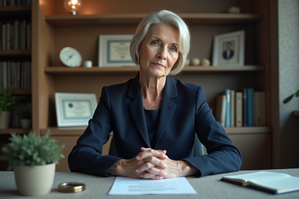 Femme d'âge mûr en costume professionnel dans un bureau moderne