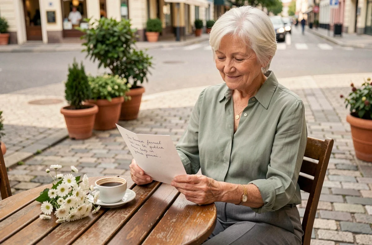 Femme retraitée lisant une carte d'adieu manuscrite à la terrasse d'un café avec des fleurs