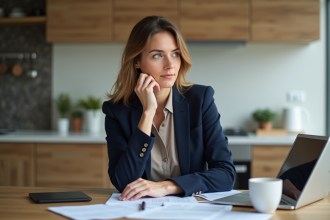 Femme concentrée en réunion à la maison