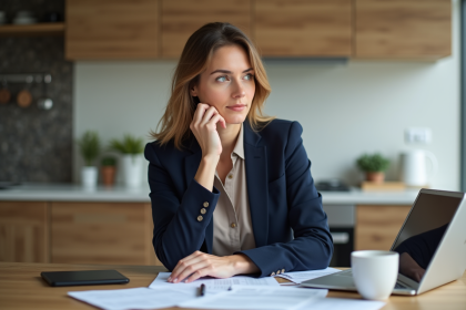 Femme concentrée en réunion à la maison