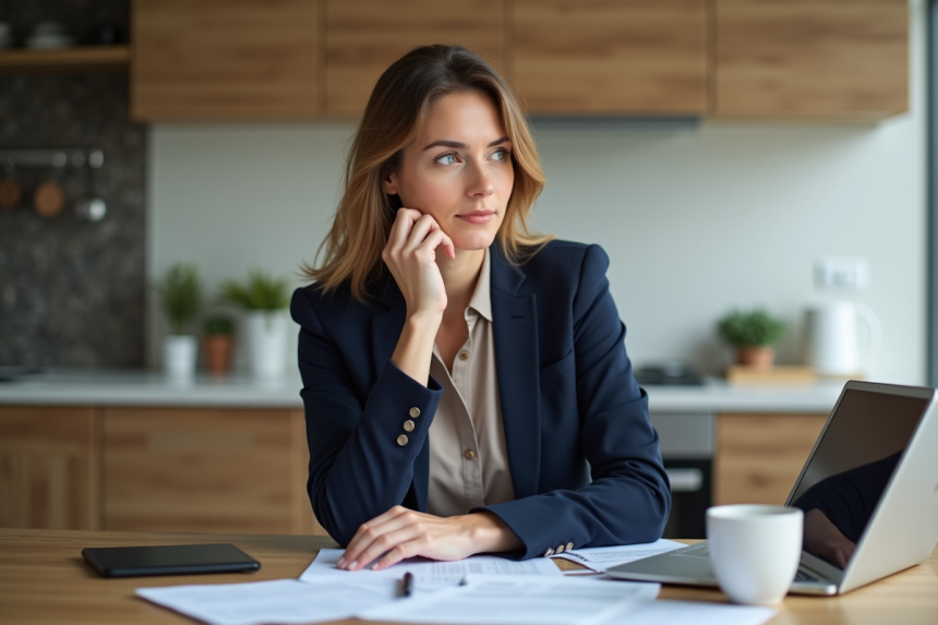 Femme concentrée en réunion à la maison