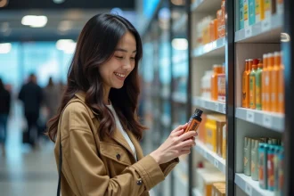 Femme souriante dans un dutyfree d'aéroport en voyage