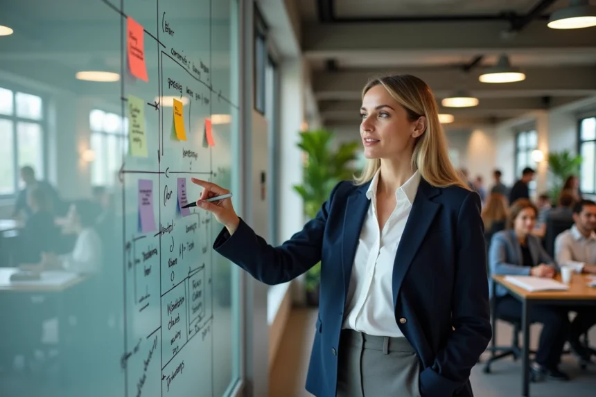 Femme professionnelle en blazer marine devant un tableau blanc rempli de notes stratégiques dans un bureau moderne d'agence digitale