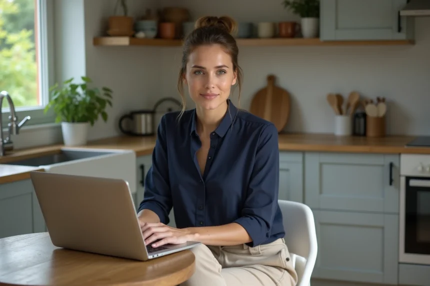 Femme travaillant sur son ordinateur dans la cuisine