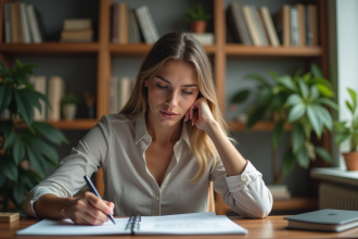 Femme en travail d'idées avec un carnet dans un espace cosy